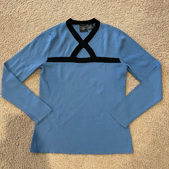 TAILOR B.MOSS Knit V-neck Cut-out front Long Sleeve Blue Top - Picture 1 of 8